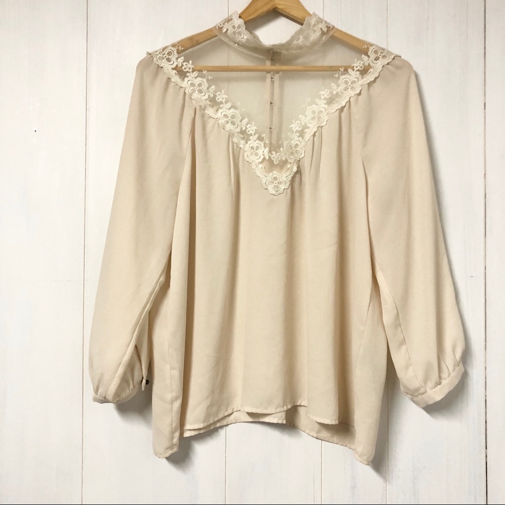 Forever 21 Cream Lace Mock Neck Long Sleeve Top
